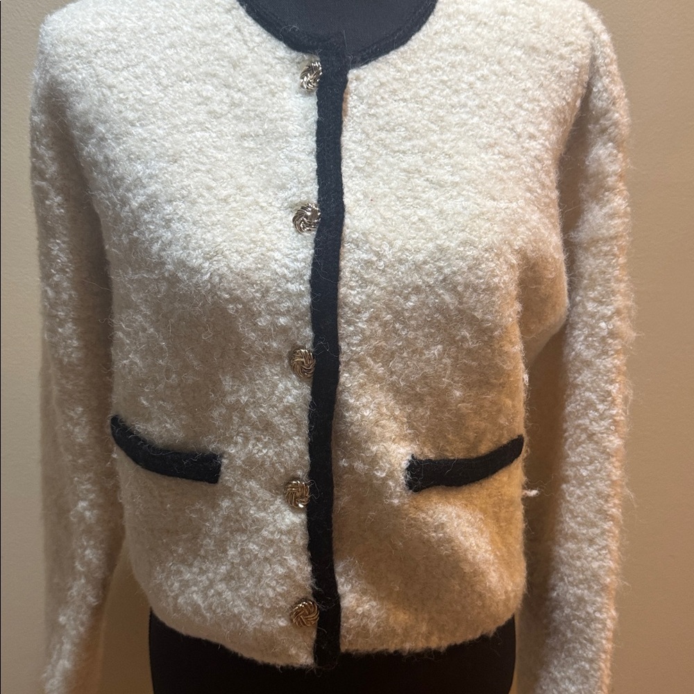 Line & Dot Cream Teddy Jacket with Black Trim - Picture 2 of 4
